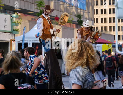 Montreal Quebec, Canada. Jul 2019. Events, comedy shows, performers, and fun and food, at the Just For Laughs Festival. Illustrative Editorial. Stock Photo