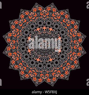 Red round ornament on black background. Ethnic floral mandala. Vector illustration. Stock Vector