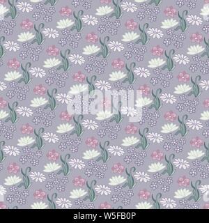 Pattern of daisies and lotus flowers on a blue background Stock Vector