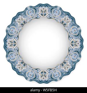 Circular blue flower pattern with empty space in the center. White porcelain plate with a stylized pattern in ethnic style. Vector illustration. Stock Vector
