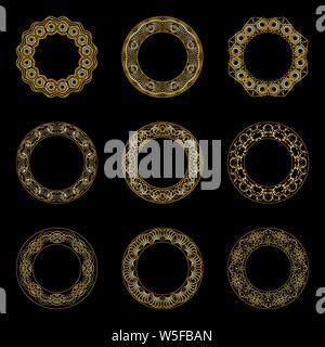 set of golden round frames on black background Stock Vector