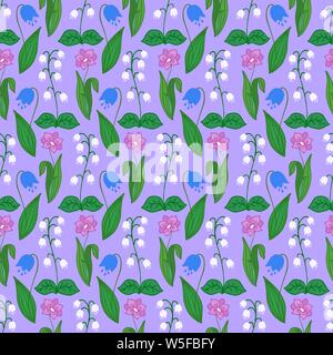 Pattern of valleys and bells flowers on a lilac background Stock Vector