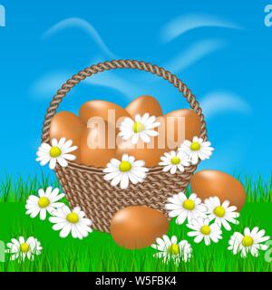 Illustration of an easter basket with eggs and daisies Stock Vector