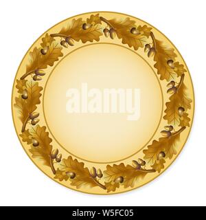 Plate with gold circular ornament of oak leaves and acorns. Stock Vector