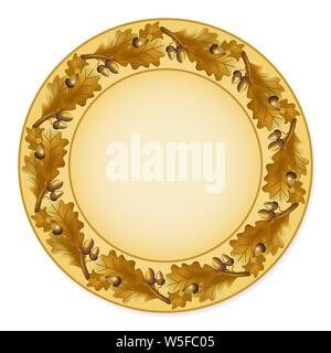 Plate with gold circular ornament of oak leaves and acorns. Stock Vector