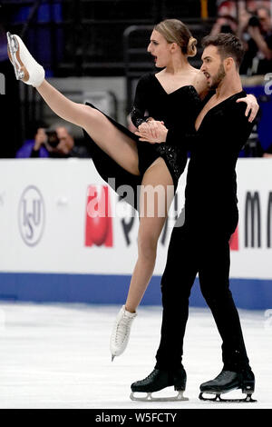 French ice dancers Gabriella Papadakis and Guillaume Cizeron compete in the Ice Dance Rhythm Dance of the ISU 2019 World Figure Skating Championships Stock Photo