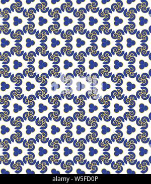 Abstract a simple repeating pattern of circles and spirals in blue and yellow. Stock Vector