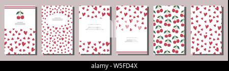 Set of positive romantic card templates with red hearts and cherries. Use for invitations, greeting cards, wedding cards,announcements, posters Stock Vector