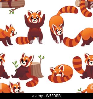 Seamless pattern of cute adorable red panda in different poses cartoon design animal character flat vector style illustration on white background. Stock Vector