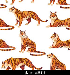 Seamless pattern of adult big red tiger wildlife and fauna theme cartoon animal design flat vector illustration on white background. Stock Vector
