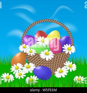Easter painted eggs in a basket and daisies Stock Vector
