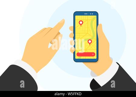 Hand holding phone and city map with gps navigation marker pins location on screen. Mobile device tracking navigator app. Flat smartphone application vector illustration Stock Vector