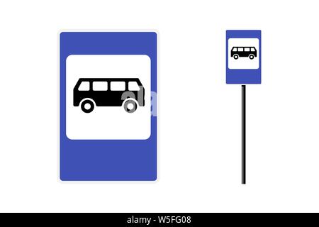 Bus stop post station flat design blue sign set. Isolated vector symbol illustration on white background