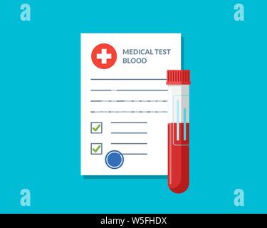 Blood test tube container and medical lab form list with results data and approved check mark vector illustration. Flat clinical exam checklist document with results. Medicine care service concept Stock Vector