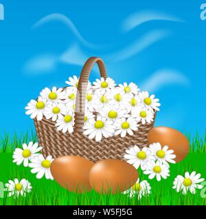 Basket with daisies and eggs on the grass. Vector illusrtation. Stock Vector