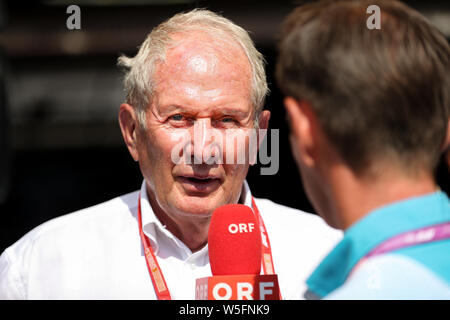 Hockenheim, Germany. 26th July, 2019. Motorsport: Formula 1 World Championship, Grand Prix of Germany. Helmut Marko, Head of Motorsport at Red Bull, talks to a journalist. Credit: Jan Woitas/dpa-Zentralbild/dpa/Alamy Live News Stock Photo