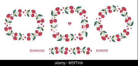 Cherry. Set of positive frames, wreath, card templates.Endless horizontal brush isolated on a white background. Vector seamless border of happy Stock Vector