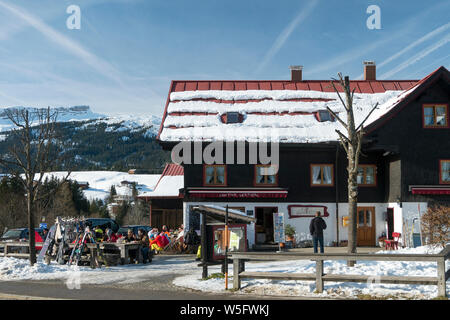 Austria, Kleinwalsertal (little Walser valley), Allgau Alps, Riezlern alpine village, bar, restaurant Cantina Vertical Stock Photo