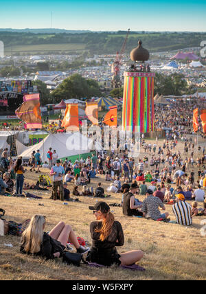 Crowds above the Ribbon Tower at the Glastonbury Festival 2019 in Pilton, Somerset Stock Photo