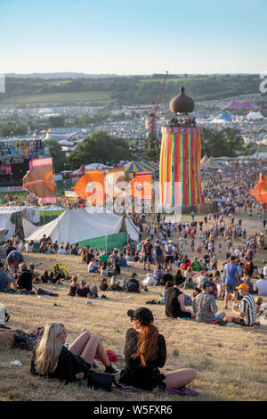 Crowds above the Ribbon Tower at the Glastonbury Festival 2019 in Pilton, Somerset Stock Photo