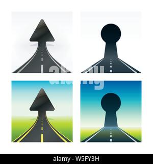 Arrow shaped way rising. Road pass through tunnel. Way concept on natural landscape background. Stock Vector