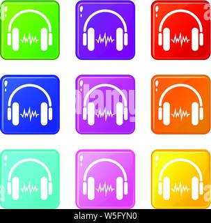 Sound in headphones icons set 9 color collection Stock Vector
