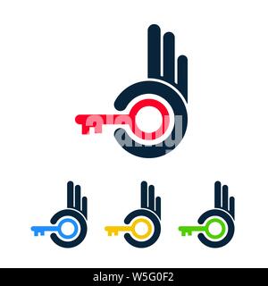 Abstract hands holding keys. Key and hand flat icons on white background. Stock Vector