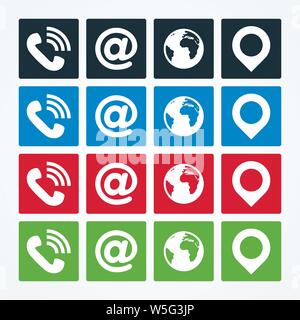 Contact icons on white background. Square shaped communication symbols. Stock Vector