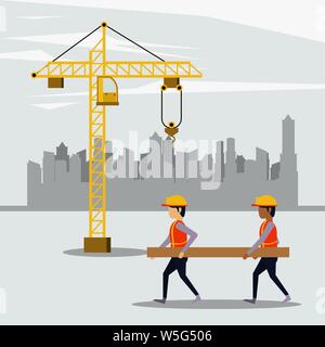 Under construction zone with workers Stock Vector