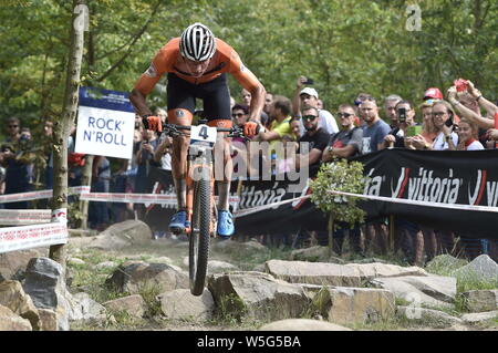 Brno, Czech Republic. 28th July, 2019. Gold medalist Netherland's Mathieu van der Poel during the men elite Cross Country European Championship race in Brno, Czech Republic, Sunday, July 28, 2019. (CTK/Vaclav Salek) Stock Photo