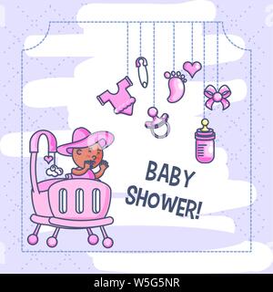 baby shower card with newborn and objects hanging vector illustration design Stock Vector