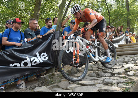 Brno, Czech Republic. 28th July, 2019. Gold medalist Netherland's Mathieu van der Poel during the men elite Cross Country European Championship race in Brno, Czech Republic, Sunday, July 28, 2019. (CTK/Vaclav Salek) Stock Photo