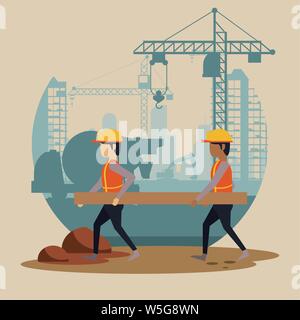 Under construction zone with workers Stock Vector