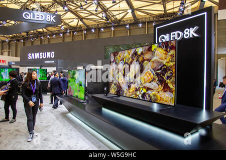 --FILE--Samsung 8K QLED TVs are on display during the Appliance & Electronics World Expo 2019 (AWE 2019) in Shanghai, China, 16 March 2019.     South Stock Photo