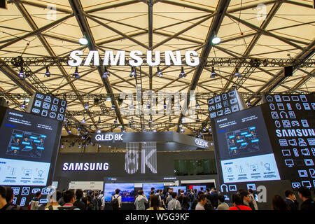 --FILE--Samsung 8K QLED TVs are on display during the Appliance & Electronics World Expo 2019 (AWE 2019) in Shanghai, China, 16 March 2019.     South Stock Photo