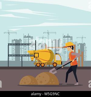 Under construction zone with workers Stock Vector