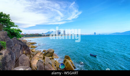 Beautiful bay landscape in rocky beach near Quy Nhon city, Vietnam
