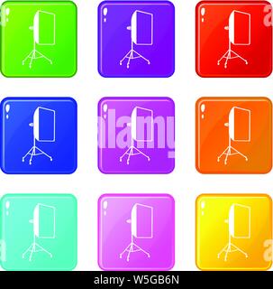 Studio light bulb in softbox icons set 9 color collection Stock Vector