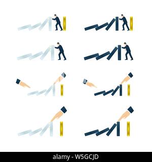Hand and businessman trying to stop domino effect. Domino effect icons on white background. Stock Vector