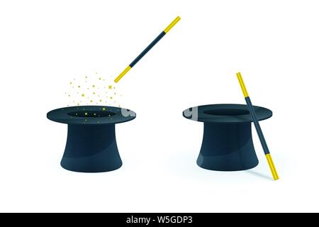 Magic wands and hats on white background. Magic vector icons. Stock Vector