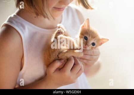 Child holding baby cat. Kids and pets. Little girl hugging cute little kitten in summer garden. Domestic animal in family with kids. Children with hom Stock Photo