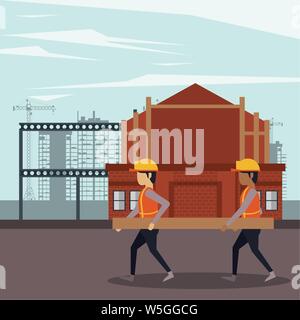 Under construction zone with workers Stock Vector