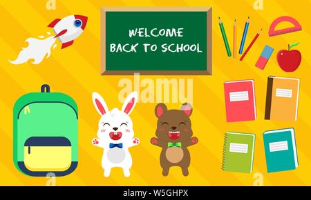 Back to school. Vector set of education icons in kawaii style. Bunny and bear with bow tie, green bag, book, pen, apple, ruler, rocket, eraser, labels Stock Vector