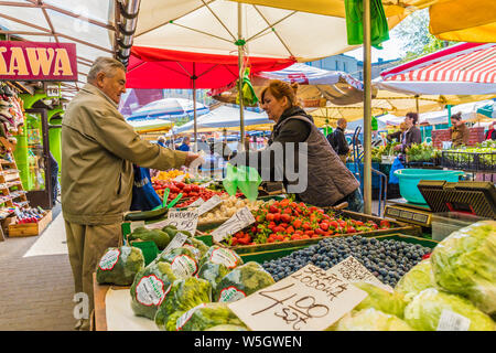 A fruit and vegetable stall at the Unitarg Plac Targowy local market in Krakow, Poland, Europe Stock Photo