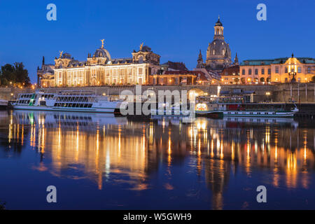 Elbe River with Academy of Fine Arts, Bruehlscher Terrasse, Frauenkirche Cathedral, Dresden, Saxony, Germany, Europe Stock Photo