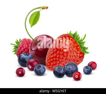 Berry mix isolated on white background, pile of fresh wild berries Stock Photo