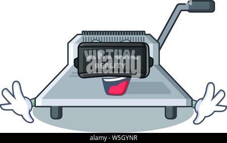 Virtual reality binding machine above wood table cartoon vector illustration Stock Vector