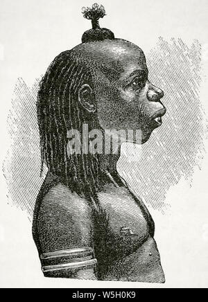 Africa. Manyema indigenous, warlike Bantu people. Engraving. Africa inexplorada, el Continente Misterioso by Henry Morton Stanley, c. 1887. Stock Photo