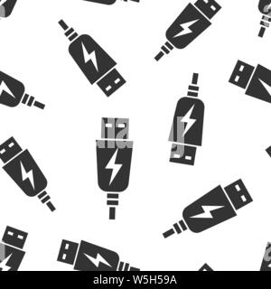 Usb cable icon seamless pattern background. Electric charger vector illustration on white isolated background. Battery adapter business concept. Stock Vector