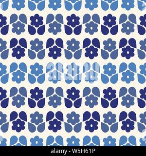 Seamless repeat pattern of stylized indigo blue flowers and leaves in a geometric pattern. A modern floral vector design. Stock Vector